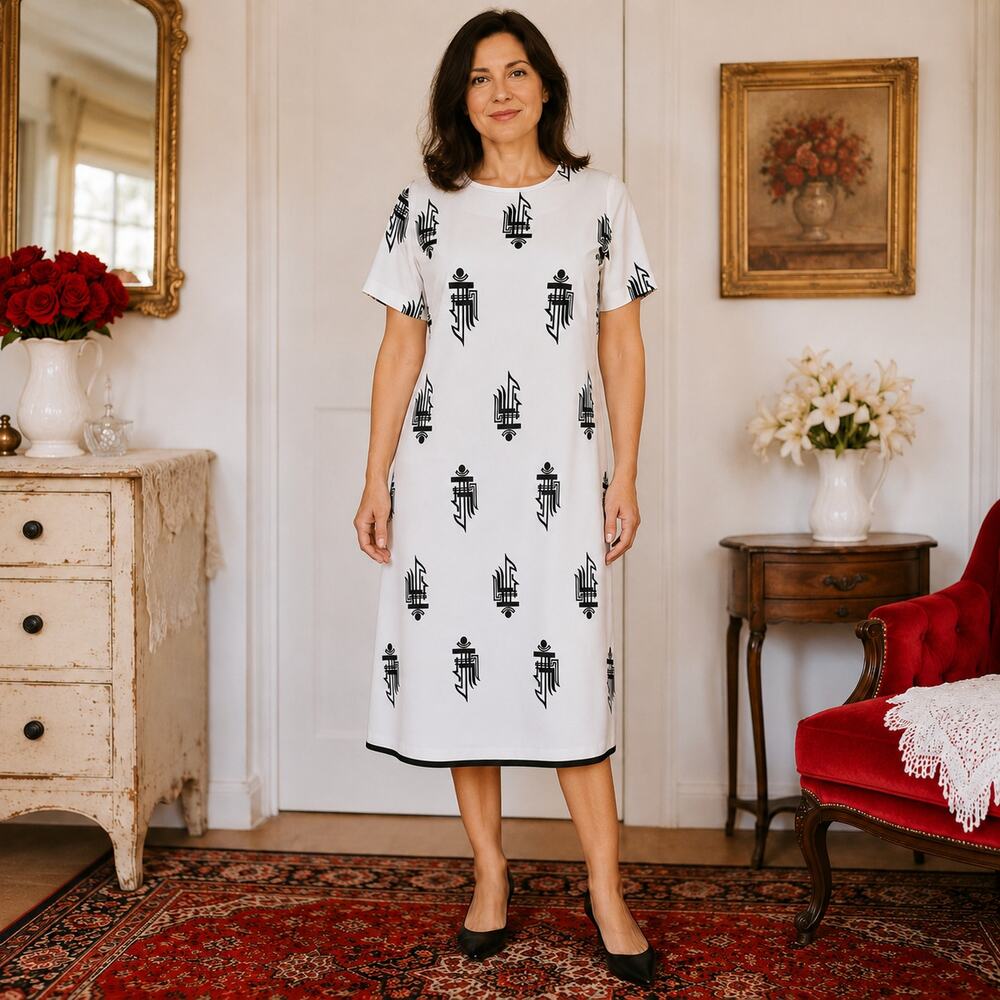 70s White Black Geometric Shift Dress Mod Travel Dress - M/L